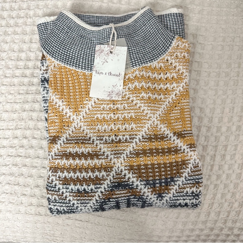 HEM & THREAD Aztec Mock Turtleneck Geometric Textured Patterned Sweater Pullover - Picture 8 of 10